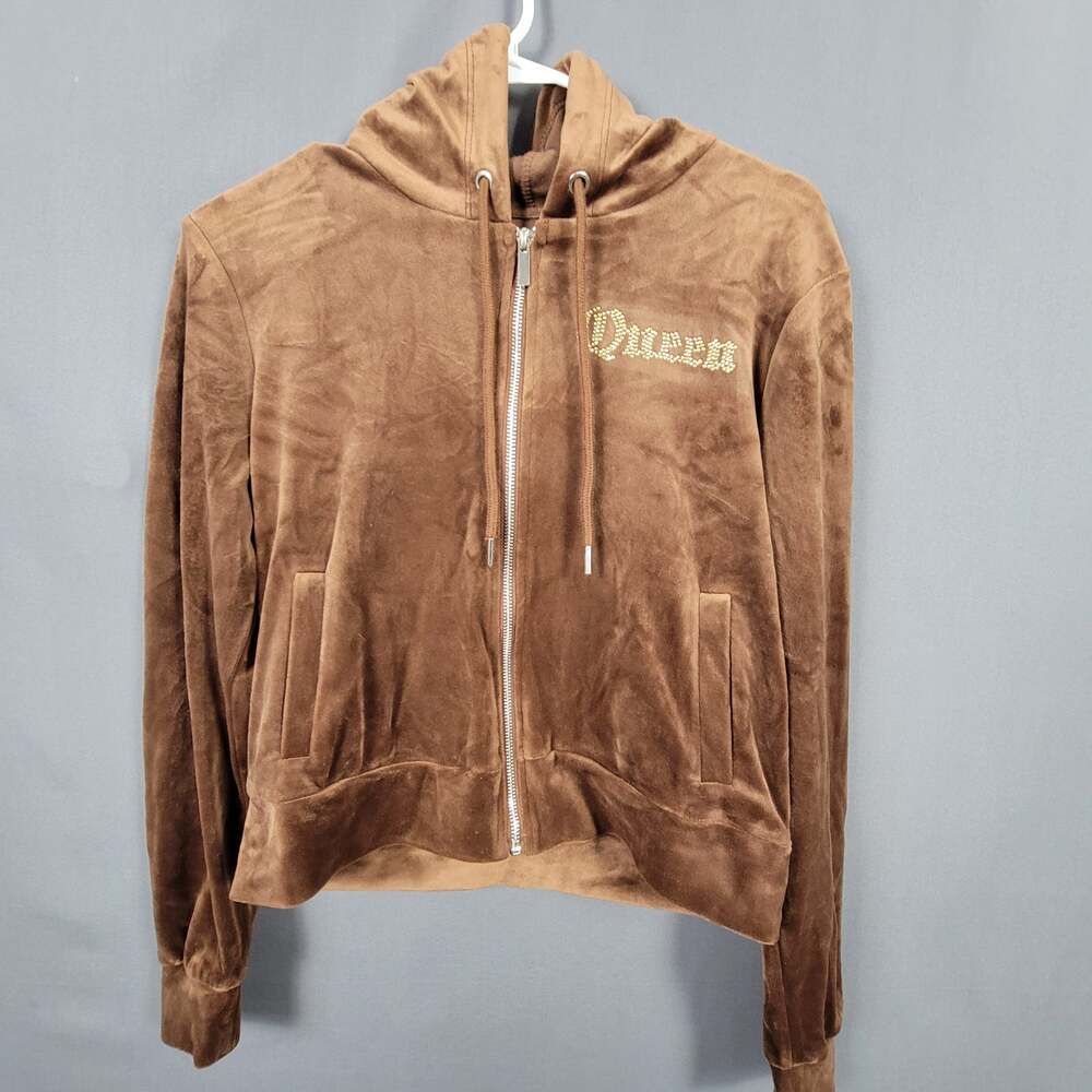 Brown Velour Rhinestone Queen Zip Hoodie Medium Soft Y2K Glam Retro Streetwear